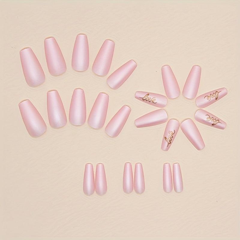 24pcs Love Matte Pink Press On Nails Full Cover Medium Length Square False Nails