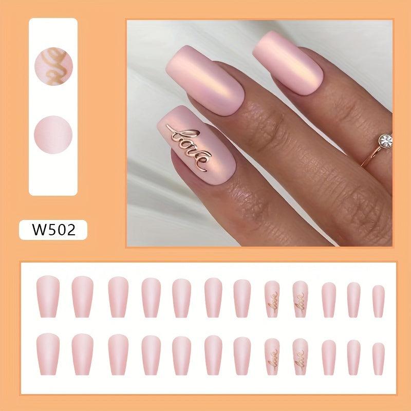 24pcs Love Matte Pink Press On Nails Full Cover Medium Length Square False Nails