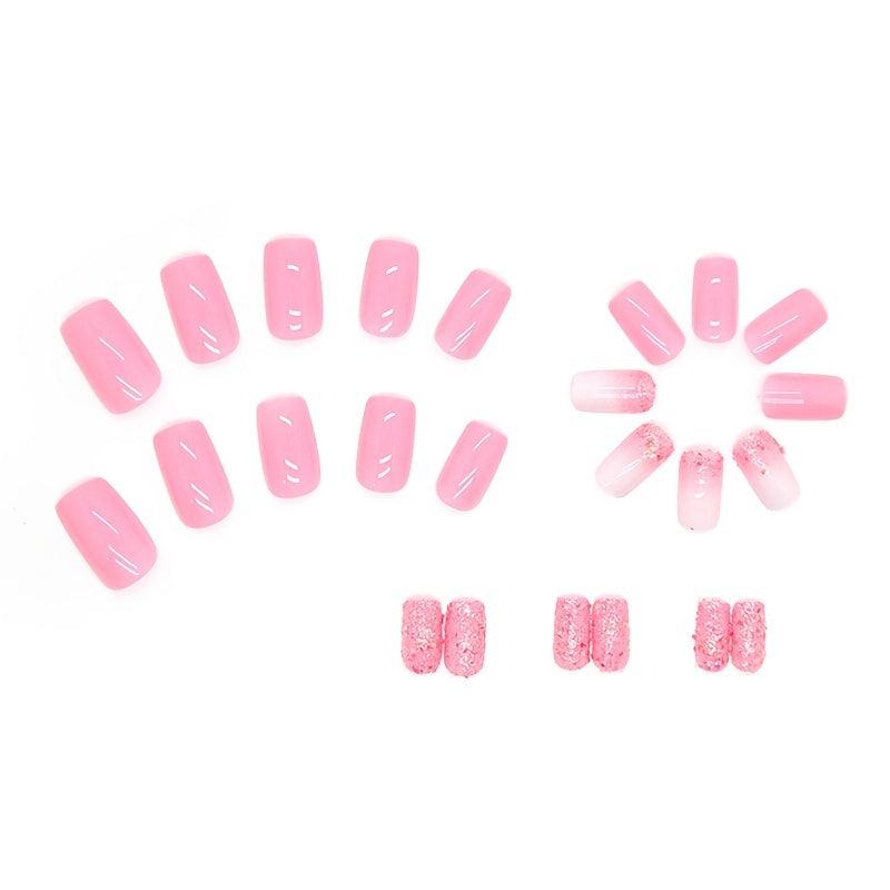 24 Pcs Pink Rhinestone Press On Nails with Jelly Glue