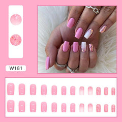 24 Pcs Pink Rhinestone Press On Nails with Jelly Glue