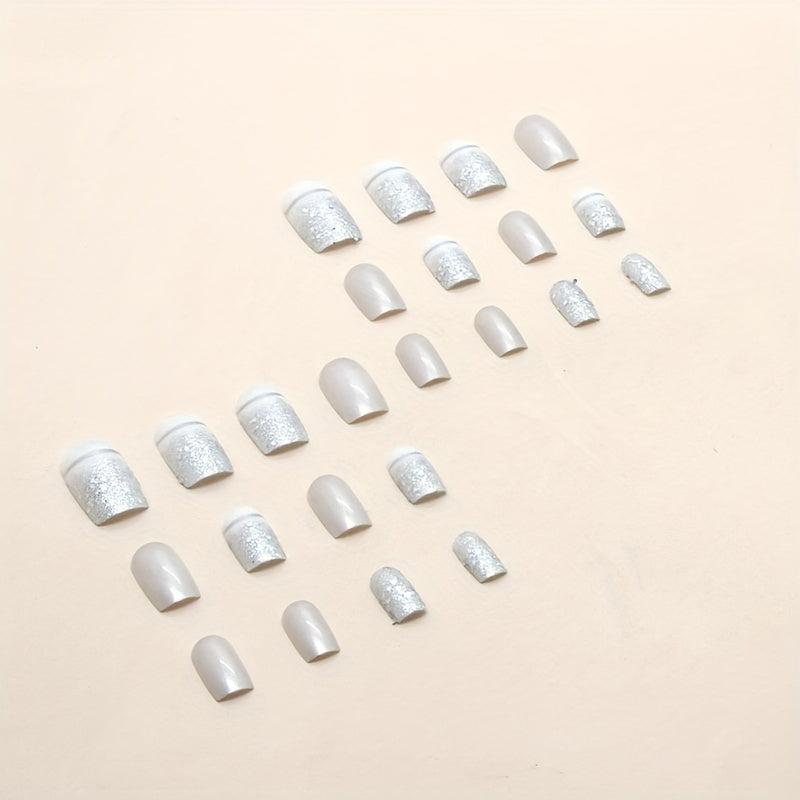 24pcs Glossy Silver Square Press On Nails Full Coverage Acrylic False Nails