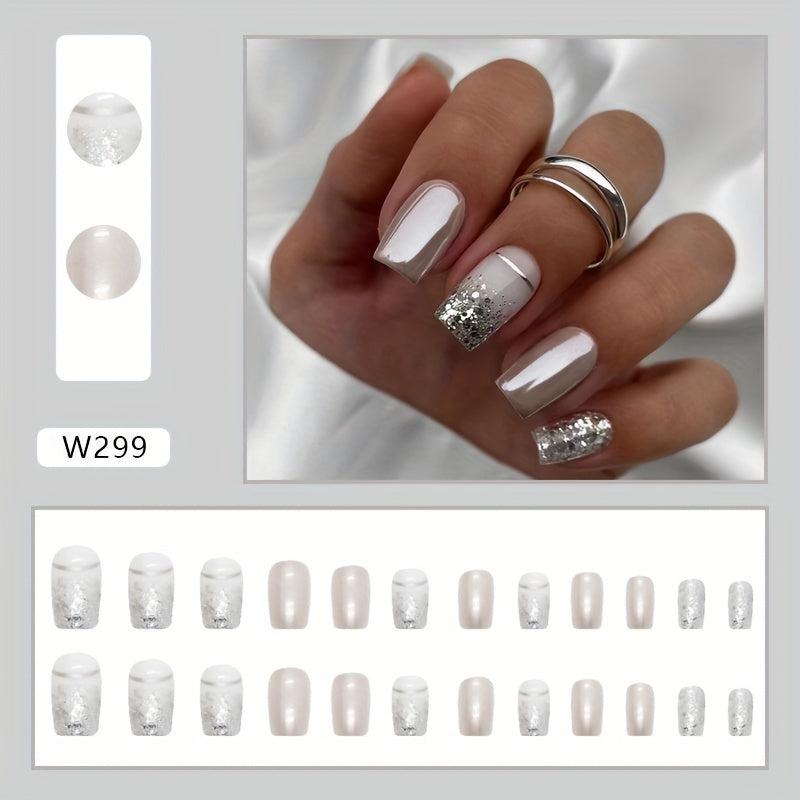 24pcs Glossy Silver Square Press On Nails Full Coverage Acrylic False Nails