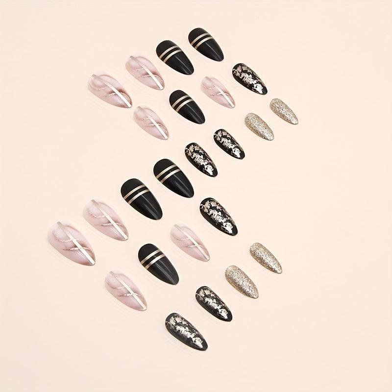 24pcs Almond Press On Nails with Golden Foil and Line Glossy False Nails