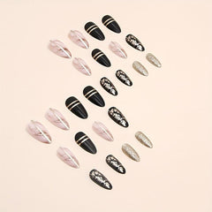 24pcs Almond Press On Nails with Golden Foil and Line Glossy False Nails