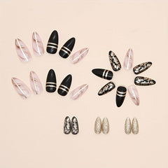 24pcs Almond Press On Nails with Golden Foil and Line Glossy False Nails