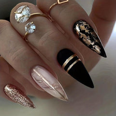24pcs Almond Press On Nails with Golden Foil and Line Glossy False Nails