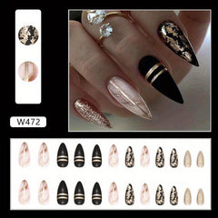 24pcs Almond Press On Nails with Golden Foil and Line Glossy False Nails