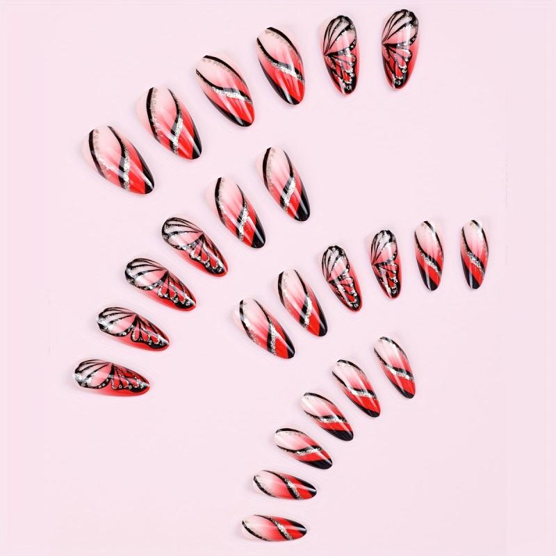 24pcs Summer Gradient Pink Almond Press On Nails With Butterflies