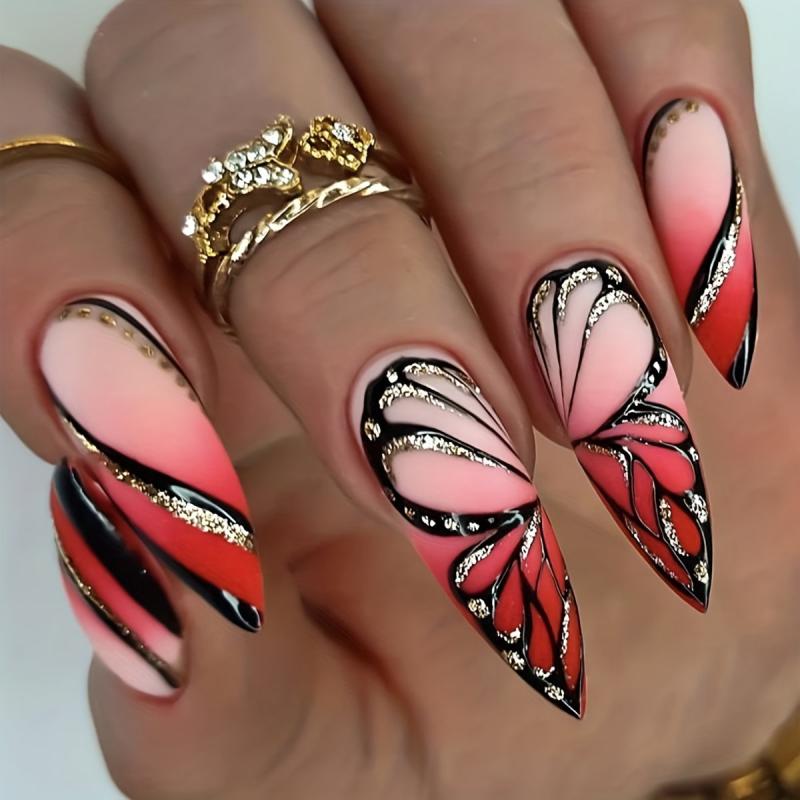 24pcs Summer Gradient Pink Almond Press On Nails With Butterflies