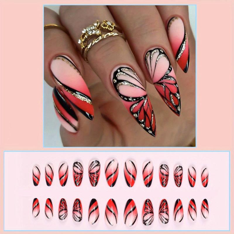24pcs Summer Gradient Pink Almond Press On Nails With Butterflies