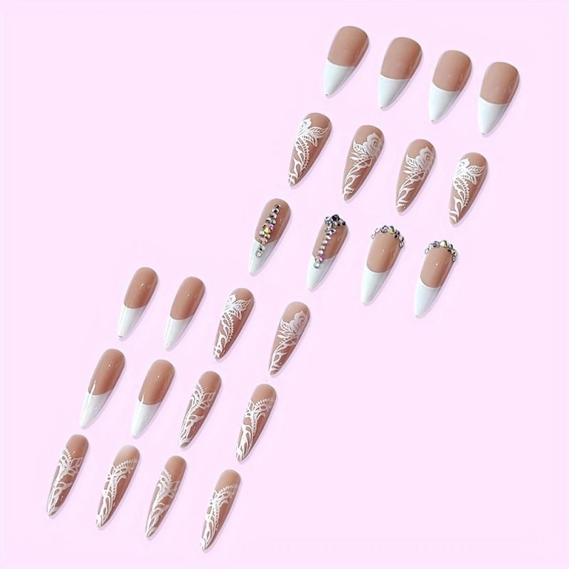 French Stiletto Press On Nails w/ Rose Designs & Rhinestones 24 Pcs