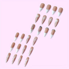 French Stiletto Press On Nails w/ Rose Designs & Rhinestones 24 Pcs