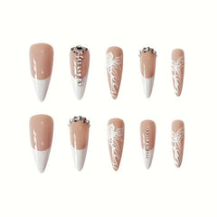 French Stiletto Press On Nails w/ Rose Designs & Rhinestones 24 Pcs