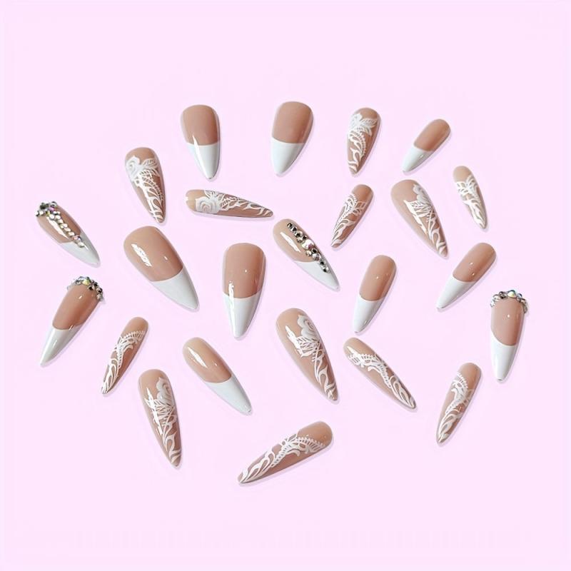 French Stiletto Press On Nails w/ Rose Designs & Rhinestones 24 Pcs