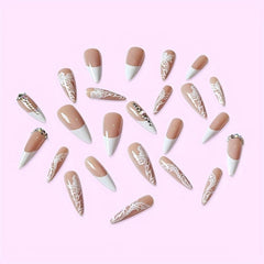 French Stiletto Press On Nails w/ Rose Designs & Rhinestones 24 Pcs
