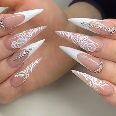 French Stiletto Press On Nails w/ Rose Designs & Rhinestones 24 Pcs