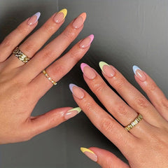24pcs Short Oval Press On Nails Rainbow Collection French Tip Acrylic Nails