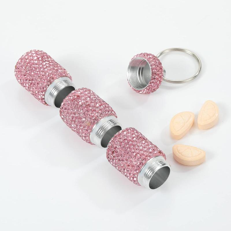 Bling Pill Case Travel Container Rhinestone Waterproof Small Holder Keychain