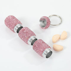 Bling Pill Case Travel Container Rhinestone Waterproof Small Holder Keychain