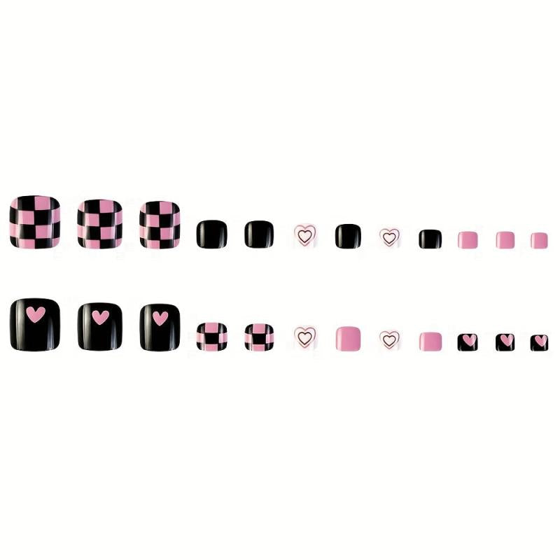 24pcs Checkboard & Heart Full Cover False Toe Nails