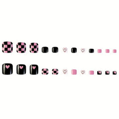 24pcs Checkboard & Heart Full Cover False Toe Nails