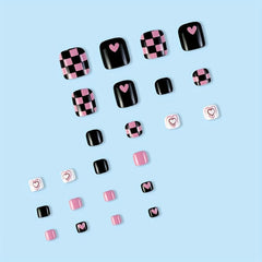 24pcs Checkboard & Heart Full Cover False Toe Nails