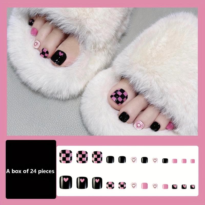 24pcs Checkboard & Heart Full Cover False Toe Nails