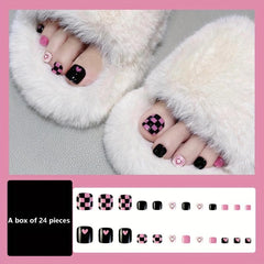 24pcs Checkboard & Heart Full Cover False Toe Nails