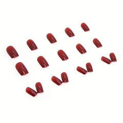 24pcs Glossy Wine Red False Nails For Weddings with Jelly Glue & Rub Strip