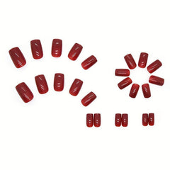 24pcs Glossy Wine Red False Nails For Weddings with Jelly Glue & Rub Strip