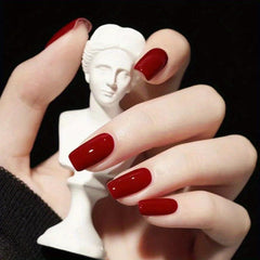 24pcs Glossy Wine Red False Nails For Weddings with Jelly Glue & Rub Strip
