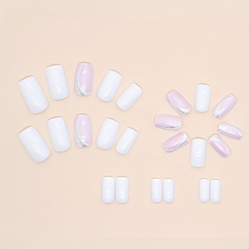 24pcs Milky Press On Nails with Glitter Line Medium Coffin Square False Nails