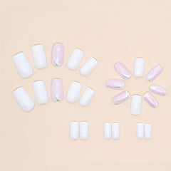 24pcs Milky Press On Nails with Glitter Line Medium Coffin Square False Nails
