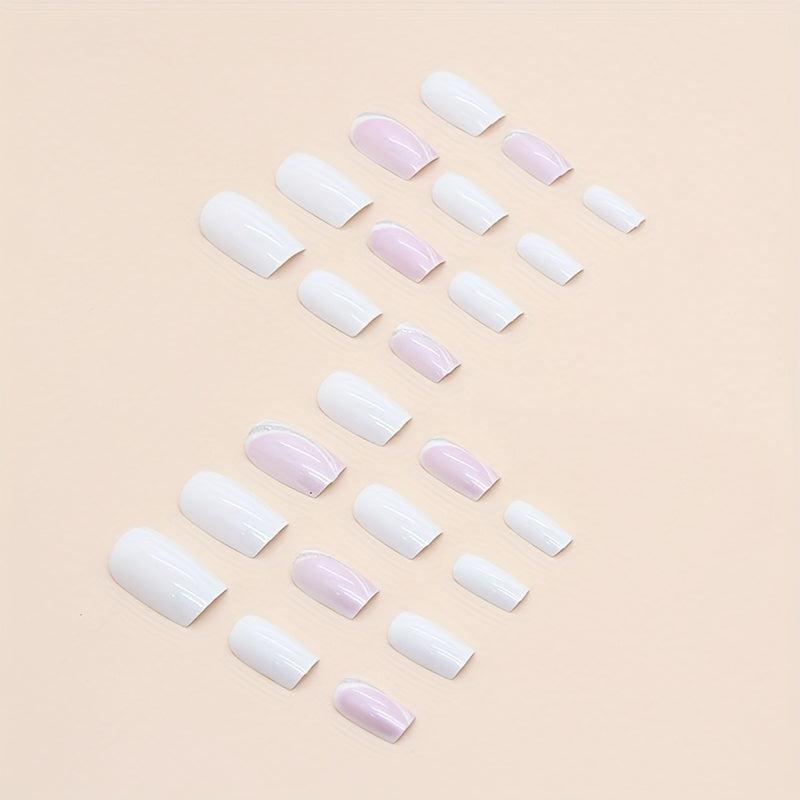 24pcs Milky Press On Nails with Glitter Line Medium Coffin Square False Nails