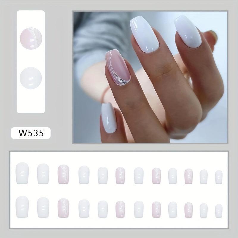 24pcs Milky Press On Nails with Glitter Line Medium Coffin Square False Nails