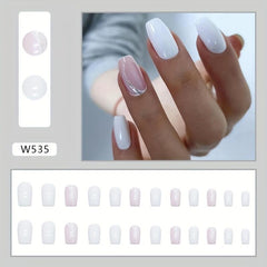 24pcs Milky Press On Nails with Glitter Line Medium Coffin Square False Nails
