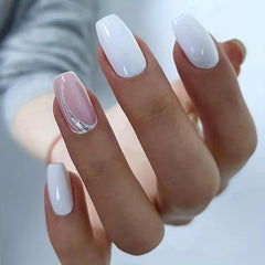 24pcs Milky Press On Nails with Glitter Line Medium Coffin Square False Nails