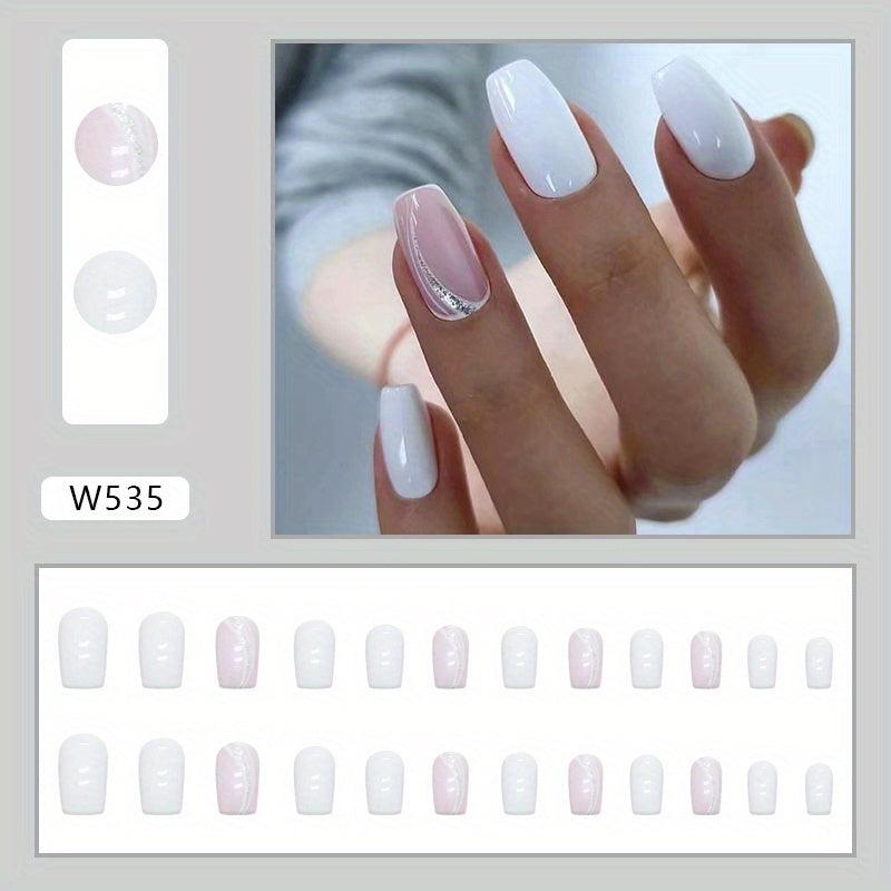 24pcs Milky Press On Nails with Glitter Line Medium Coffin Square False Nails
