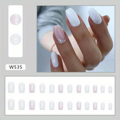 24pcs Milky Press On Nails with Glitter Line Medium Coffin Square False Nails