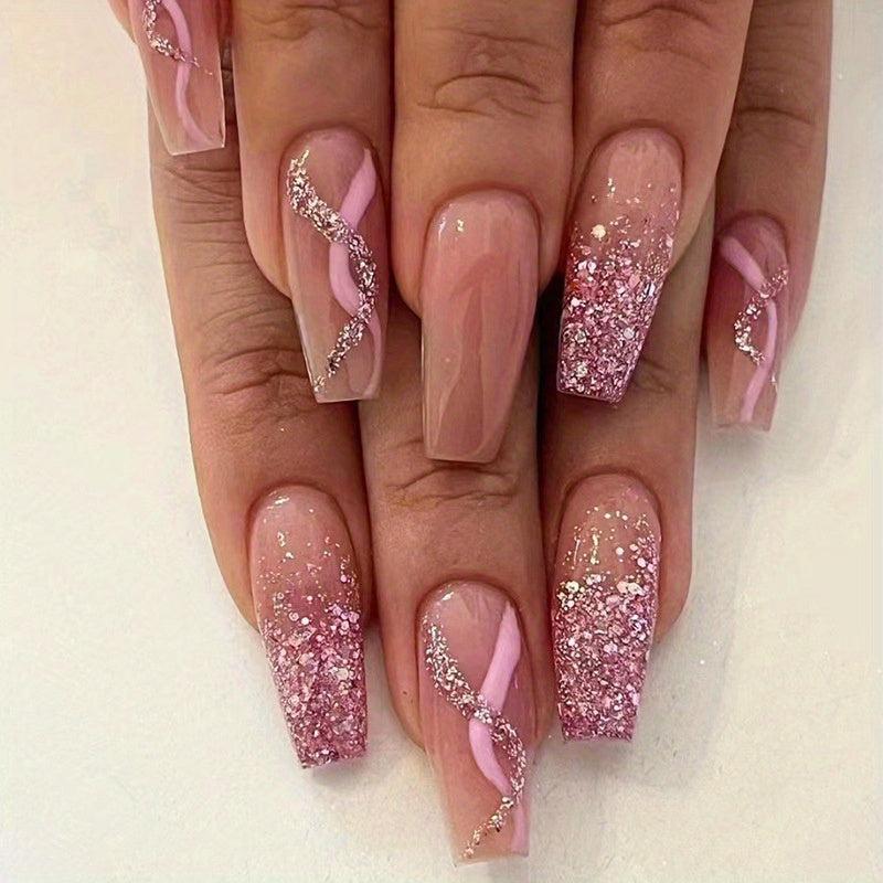 24 pcs Ballet Press On Nails Medium Glue On Nails with Pink Gradient Ins Style