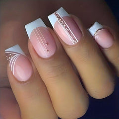 24pcs Glitter Press On Nails Full Cover Square False Nails with Line