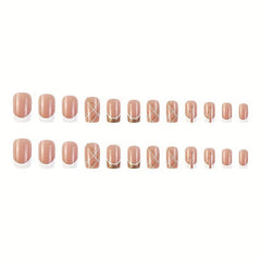 24pcs Glitter Press On Nails Full Cover Square False Nails with Line