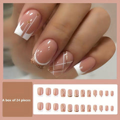 24pcs Glitter Press On Nails Full Cover Square False Nails with Line
