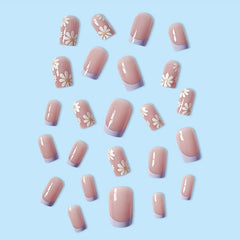 24 pcs Flower French Tip Press On Nails Square Acrylic False Nails Long Lasting