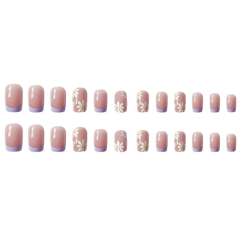 24 pcs Flower French Tip Press On Nails Square Acrylic False Nails Long Lasting
