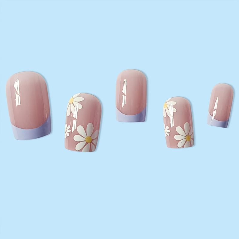 24 pcs Flower French Tip Press On Nails Square Acrylic False Nails Long Lasting