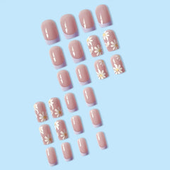 24 pcs Flower French Tip Press On Nails Square Acrylic False Nails Long Lasting