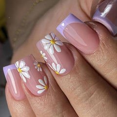 24 pcs Flower French Tip Press On Nails Square Acrylic False Nails Long Lasting