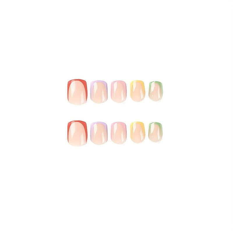 24pcs Short Square False Nails Glossy French Tip Press On Easy to Apply