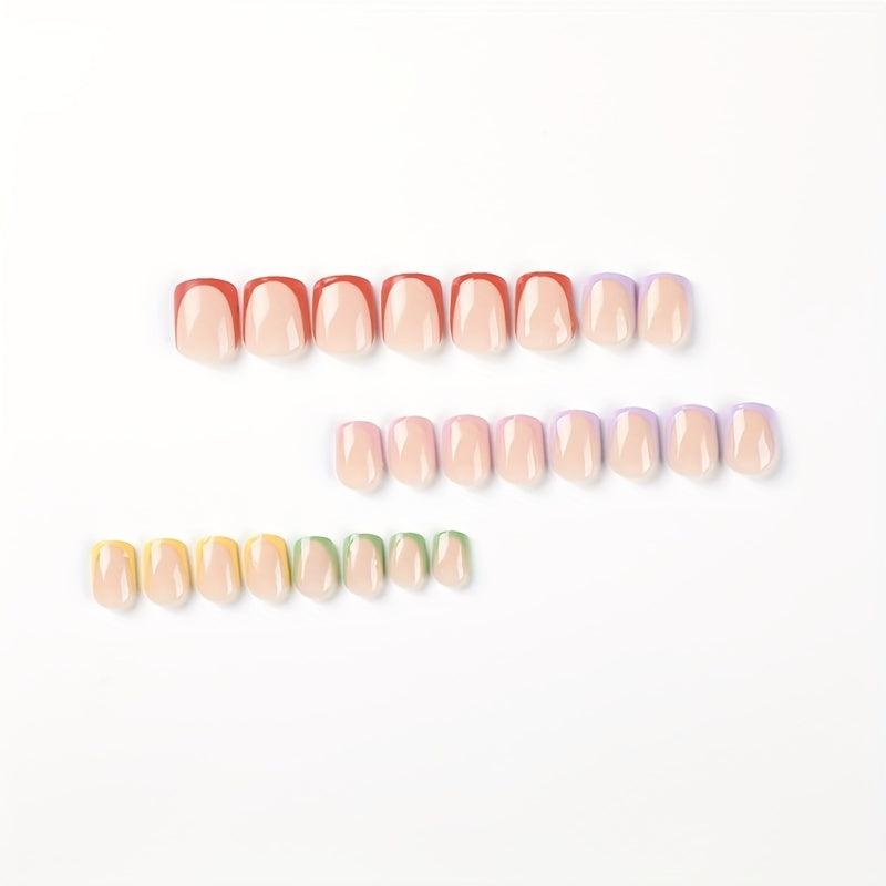 24pcs Short Square False Nails Glossy French Tip Press On Easy to Apply
